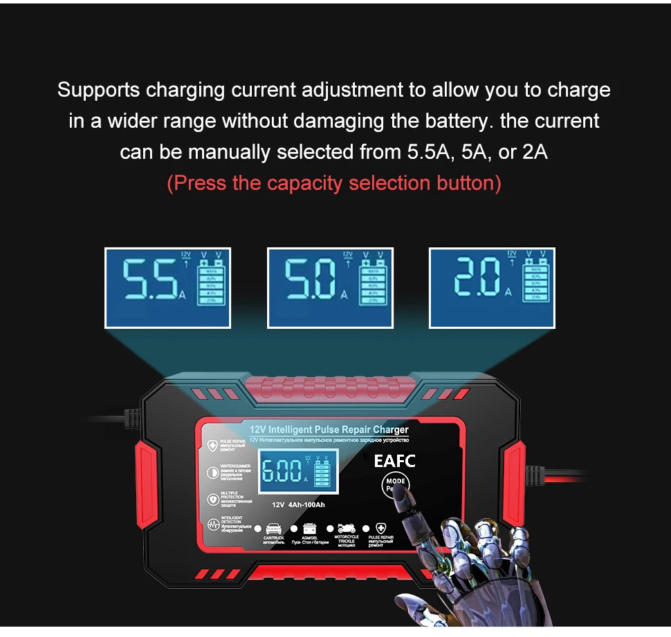 EAFC 6A 12V Smart Car Battery Charger Auto- und Motorradbatterieladegerät Blei-Säure-Batterie-Reparatur LCD-Display – Detail 8