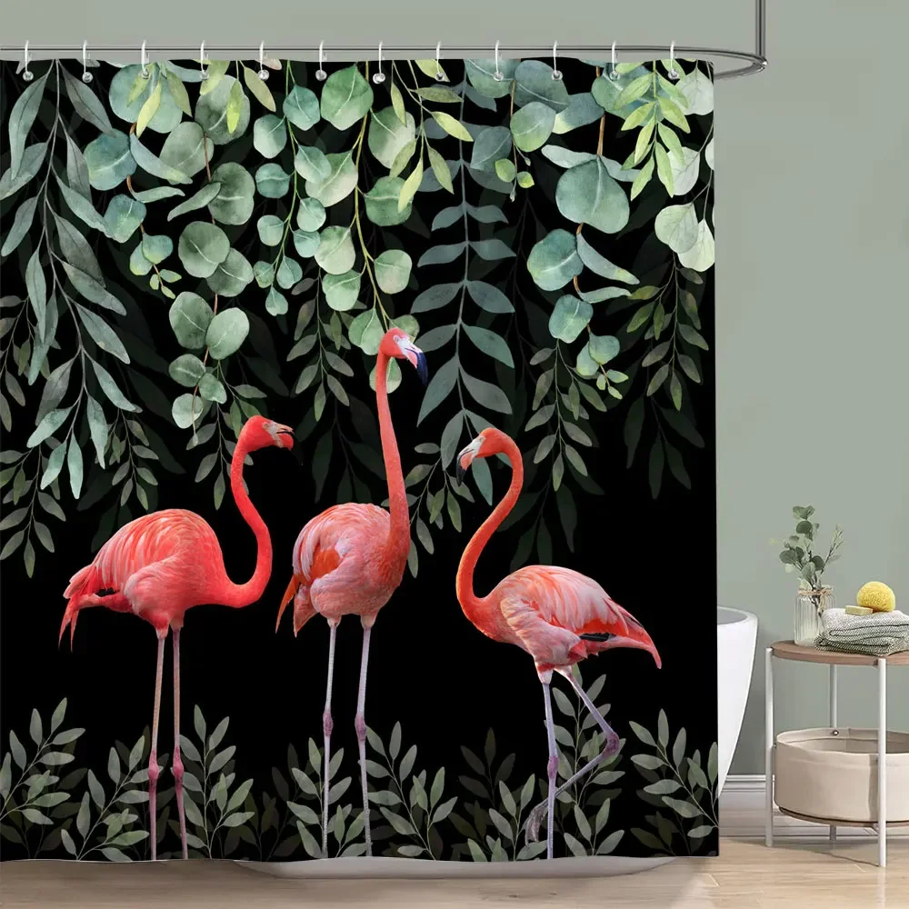 

Flamingo Shower Curtain Tropical Plants Green Leaves Watercolour Painting Style Art Home Bath Curtains Bathroom Decor with Hooks