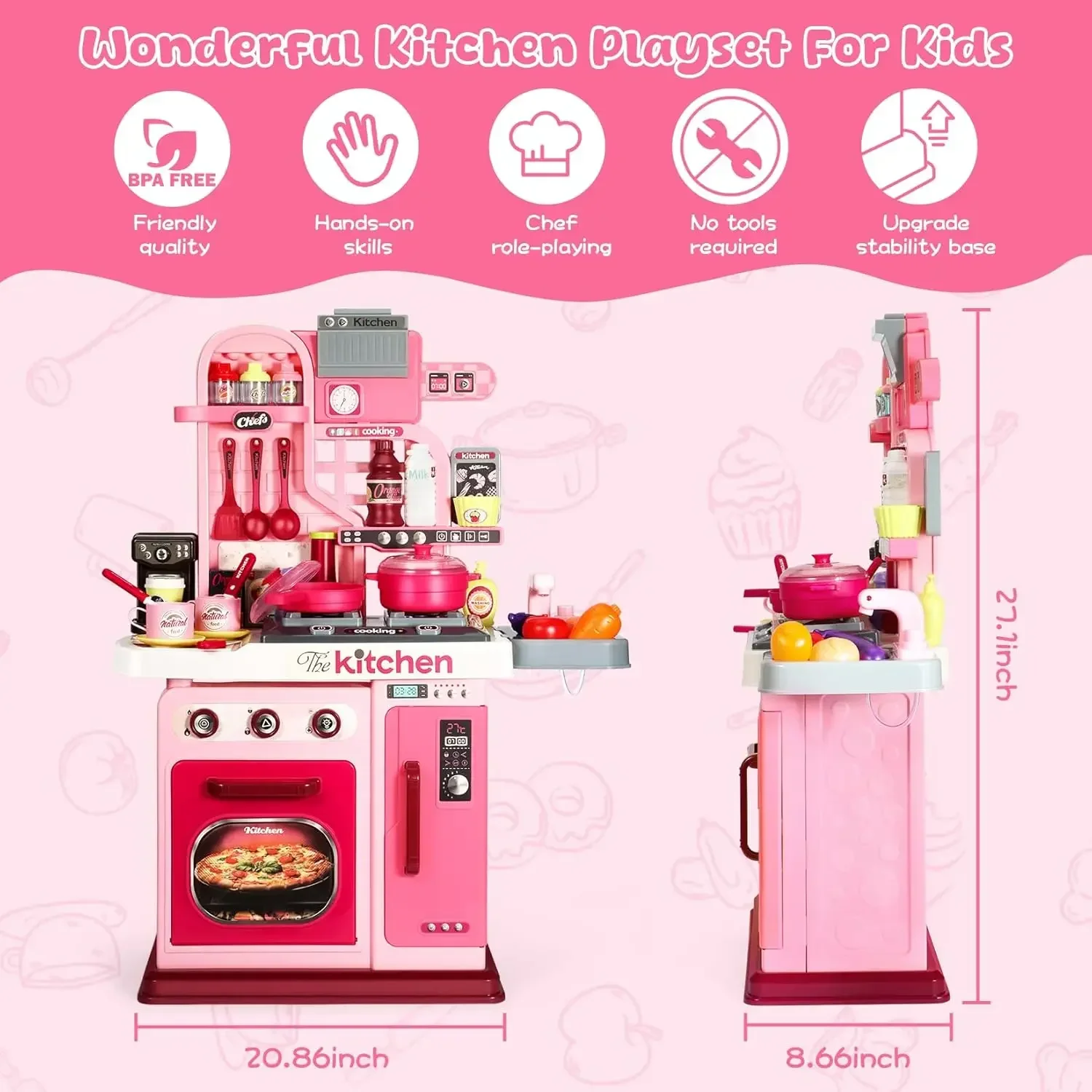 Kitchen Toys Pretend Kitchen Toys Kitchen Sink Toys Kids Kitchen Playset Kitchen Set for Toddlers 1-3 3-5 Cooking Stove Play Sink and Kitchen Accessories Toy (Pink)