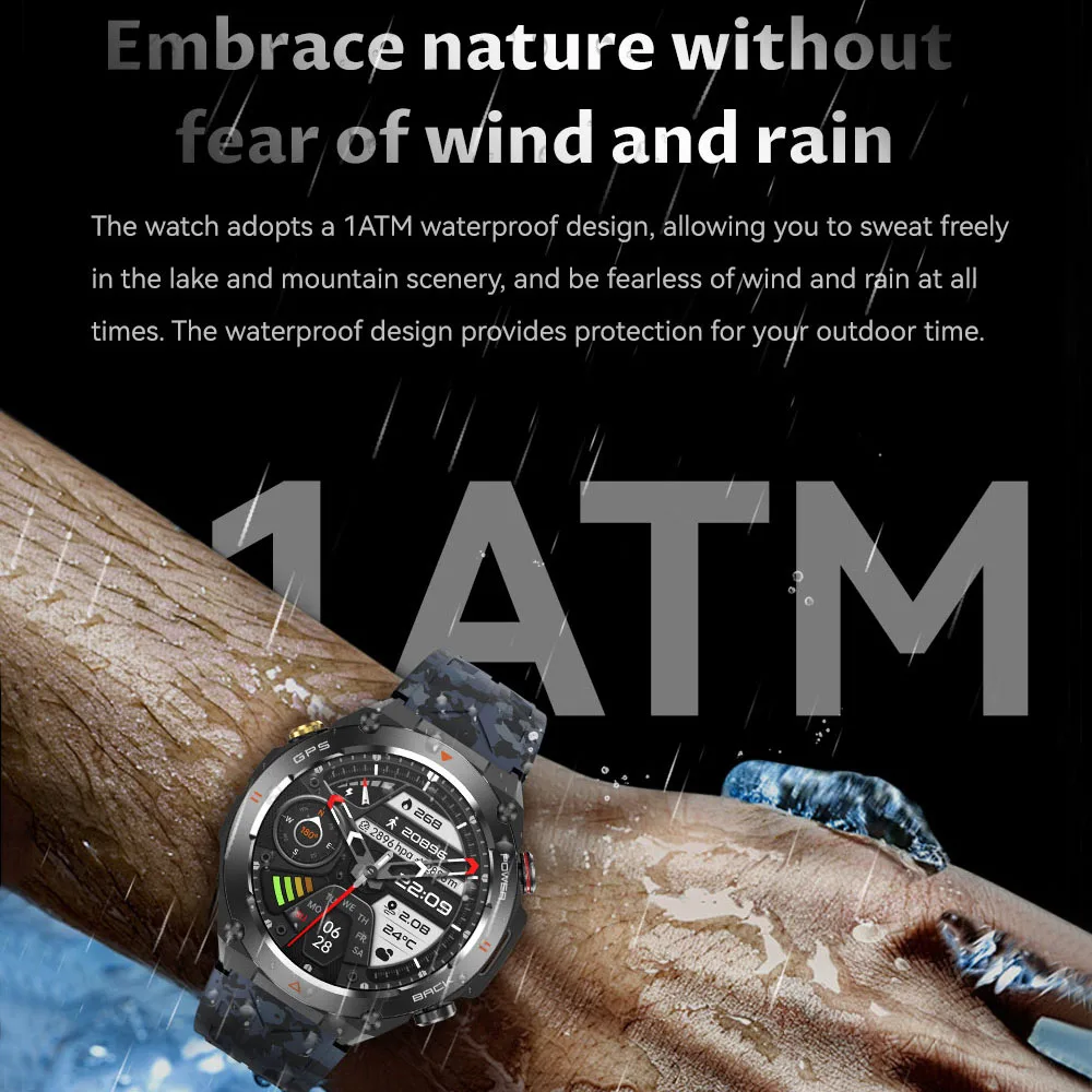 Military Outdoor Smartwatch Men 1ATM Waterproof Compass GPS Altitude Pressure Monitoring Watch 650mAh Bluetooth Call Smart Watch