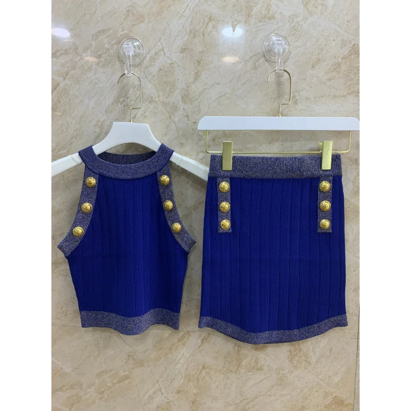 Knit Sleeveless Halter Tops and Skirt Set Blue Black White High Quality Office Lady Style Women Suit for Summer 2023