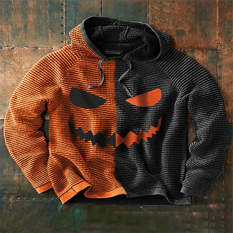 Halloween Sweater Men's Patchwork Hoodies Pit Cloth Sweatshirt Pumpkin Print Patchwork Sweater Men Halloween Party Clothing