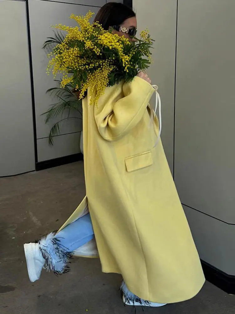 Fashion Yellow Woolen Long Coats For Women Loose Lapel Long Sleeve One Button Solid Coat 2025 Autumn Winter Elegant Streetwear 2