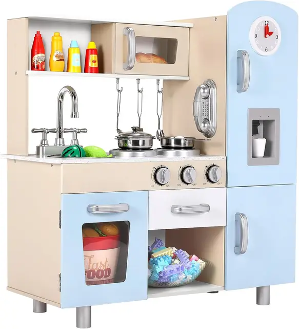 Ensemble de jeu de cuisine en bois pour enfants, avec armoires pour tout-petits, jouet de cuisine avec lumières et sons 1
