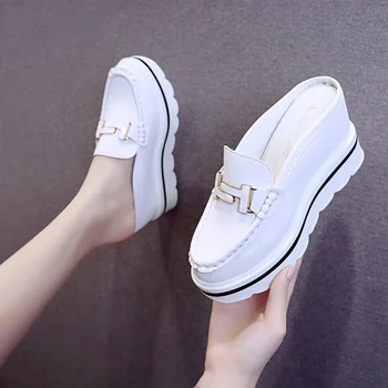 2022 Slides Platform Wedge Slippers Loafers Height Increasing Shoes Women Moccasin Mules Sandals for Women Summer Footwear White 1