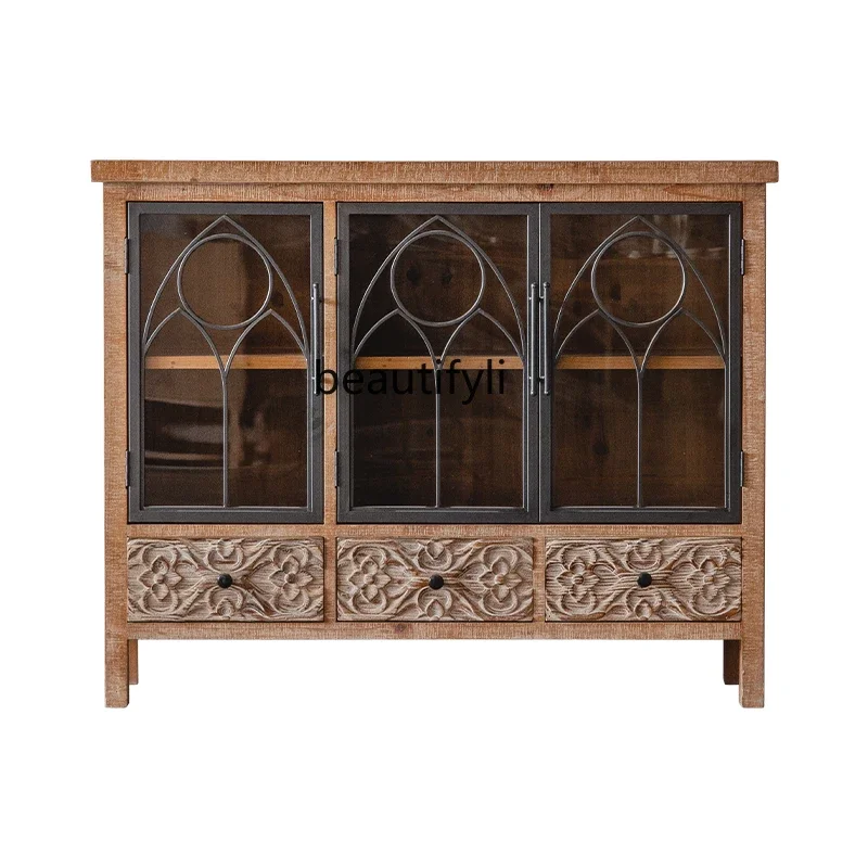 

American-Style Vintage Wood Carved Distressed Sideboard Wine Cabinet Guest Dining Room Entrance Storage Bed & Breakfast