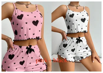 Women's Pajamas Set Sleepwear 2 PCS Short Tank Tops And Shorts S M L White Ventilate Soft Casual Love Printing 19