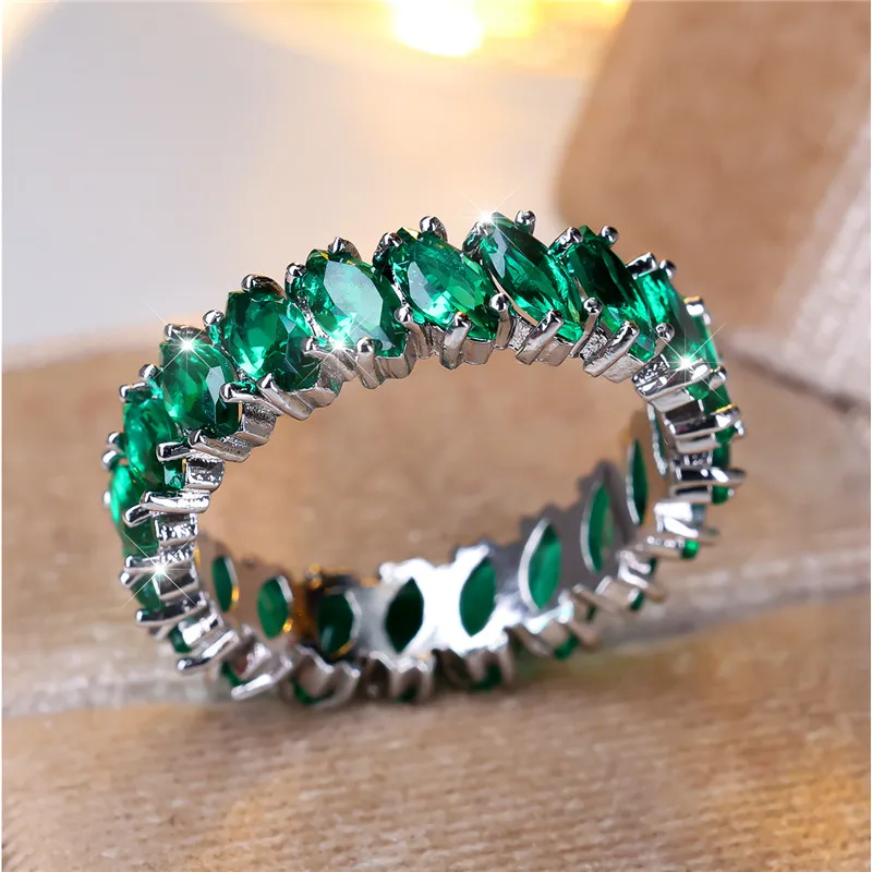 Cute Female Green Zircon Stone Engagement Ring Silver Color Wedding Jewelry For Women