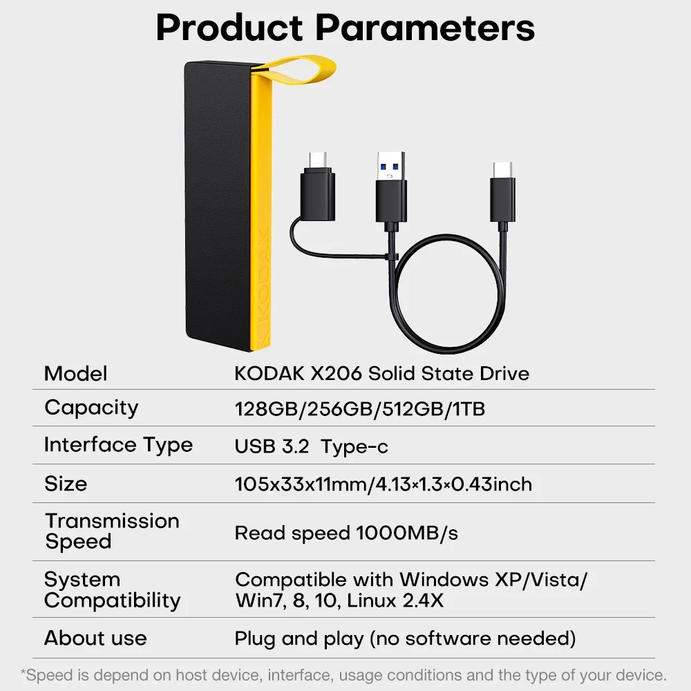 KODAK Portable NVME SSD 1tb 512gb 256gb External Solid State Drive 1000MB/s USB3.2 Type-C for Tablet/ Laptop/Mobile Phone X206