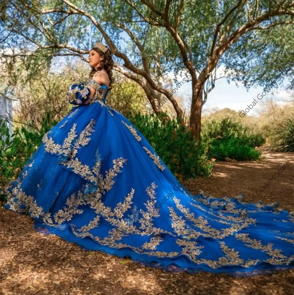 Royal Blue Tassel Quinceanera Dresses Ball Gown Bead Appliques Luxury Dresses Women Off The Shoulder Formal Gown Customized