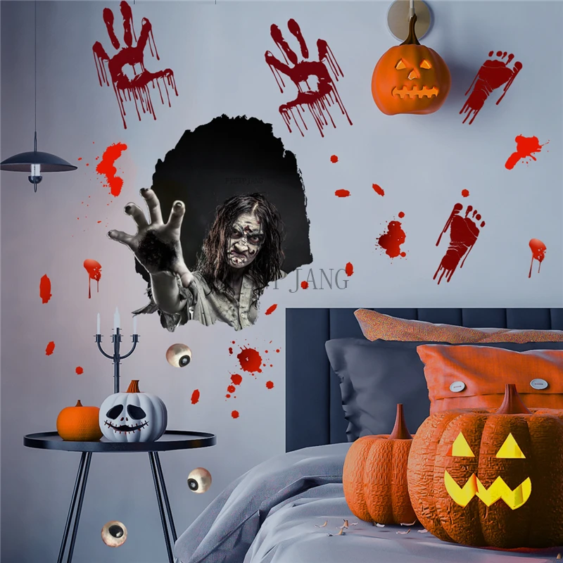 

Happy Halloween Party Window Wall Stickers Decoration Horrible Bloody Words Help Fingerprint Halloween Ghost Festival Supplies