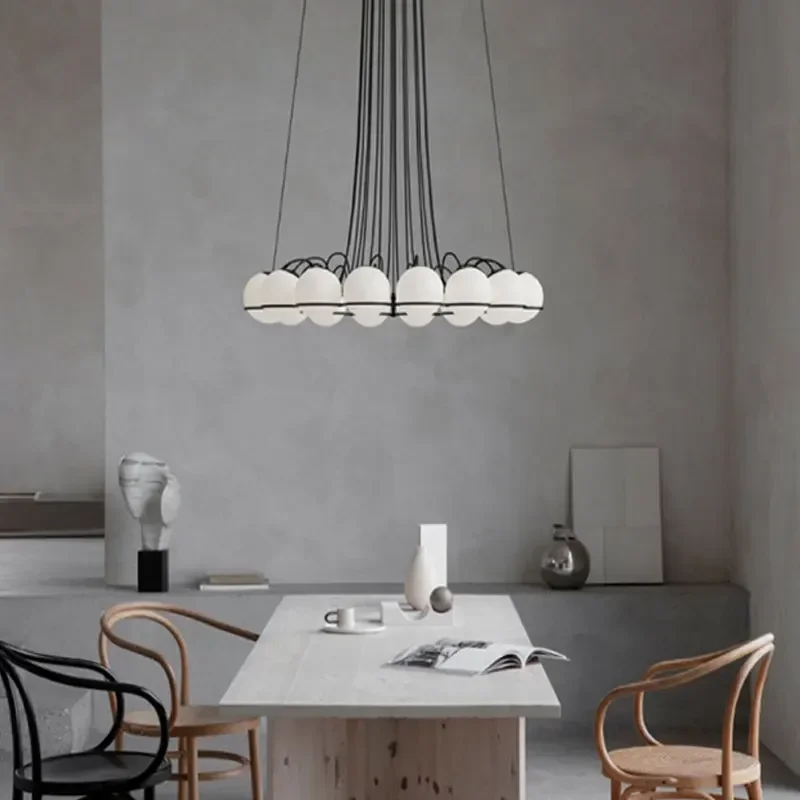 

Modern Simple Round Chandelier For Living Room Bedroom Nordic Villa Loft Stairwell Art Ring White Glass Ball Headlight Lamps