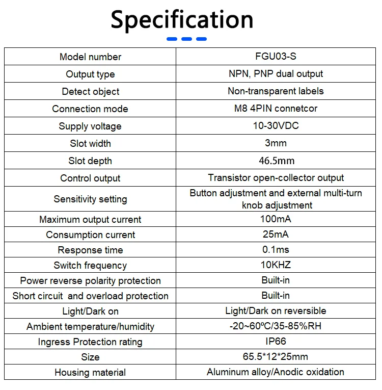 FUWEI FGU03-S Nicht transparenter Etikettensensor aus Aluminiumlegierung M8 4PIN Schlitztyp Photoelektrischer Etikettensensor Transistorschlitztyp – Detail 9
