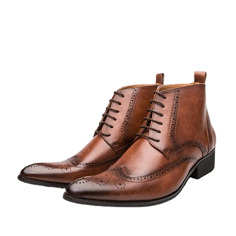 Misalwa Brogue College Style Men Chelsea Boots Lace up Versatile Leather Male Shoes Wedding Party Ankle Casual Short Boots