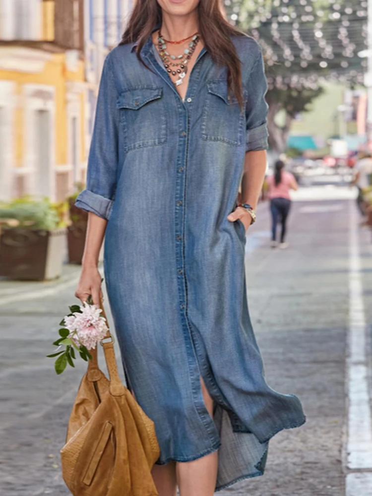 Vintage Denim Dress Women Long Dress 