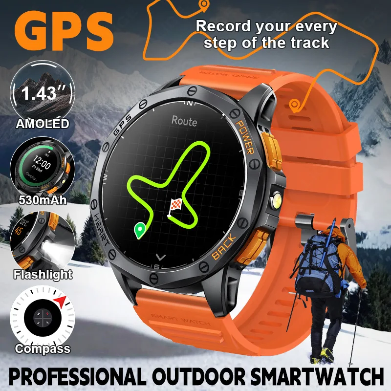 LIGE Outdoor GPS Smart Watch Men Flashlight 1.43'' AMOLED Screen Sports Watch 530mAh Large Battery Compass Altimeter Smartwatch