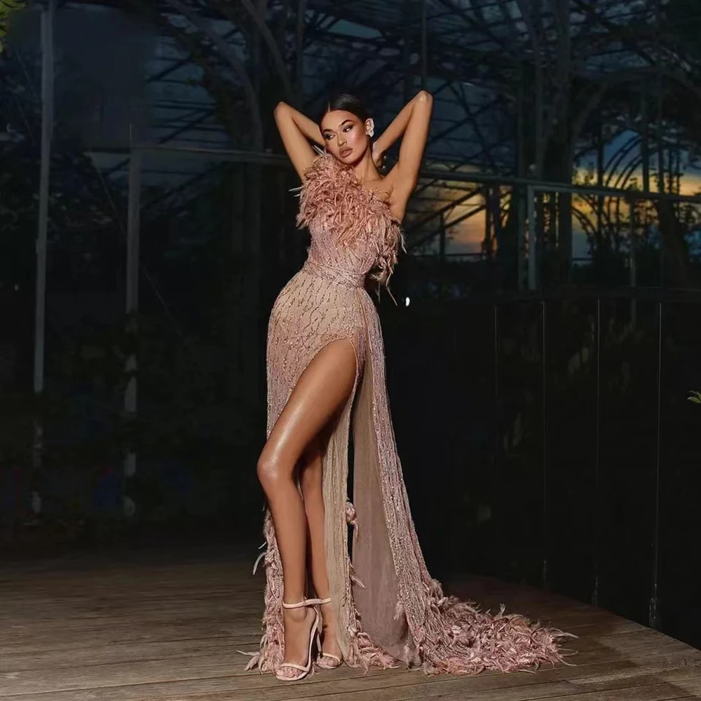 Exquisite  One-Shoulder Prom Dresses  Feather  High Split Lady Party Gowns Long  Backless  Luxury For Women's Vestidos De Noche vestidos de fiesta sexy satin a line long sleeve 2021 appliques one shoulder prom dresses high split abiye gece elbisesi gala