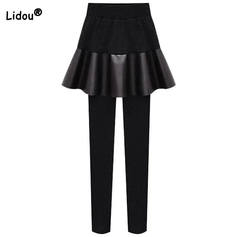 Thick Warm Women's Solid Pleated Trouser Skirt Autumn Winter Simplicity Comfortable Fake Two Pieces Leggings Female Clothing