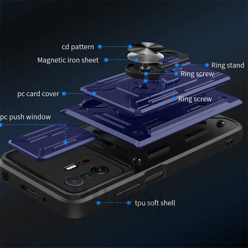 Detachable Card Holder Phone Case For Xiaomi 11T 11 Pro Redmi Note 11 10 Poco X3 Pro Max Slide Stand Kickstand Ring Camera Cover