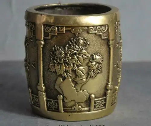 

Marked Chinese Pure Brass Plum Orchid Flower Bamboo Daisy Brush Pot pencil vase