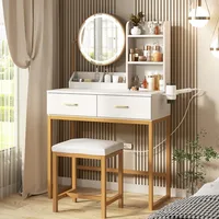 Vanity Makeup Desk with Round Mirror, Lights and 2 Drawers, 3 Lighting Modes, Small Vanity Table for Bedroom with Lots Storage 2
