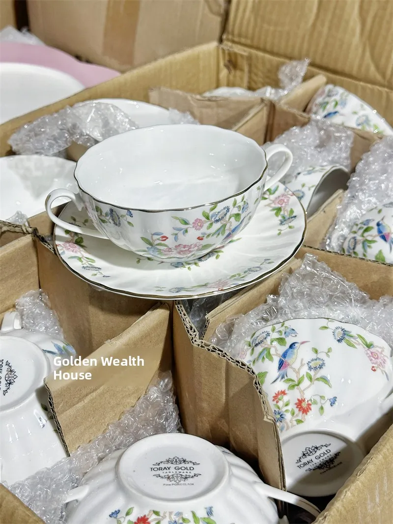 Retro Court Sle Bird And Flower Double Ear Bowl Plate European Design Breakfast Cup Dert Bowl Plate Set Handmade Bone China