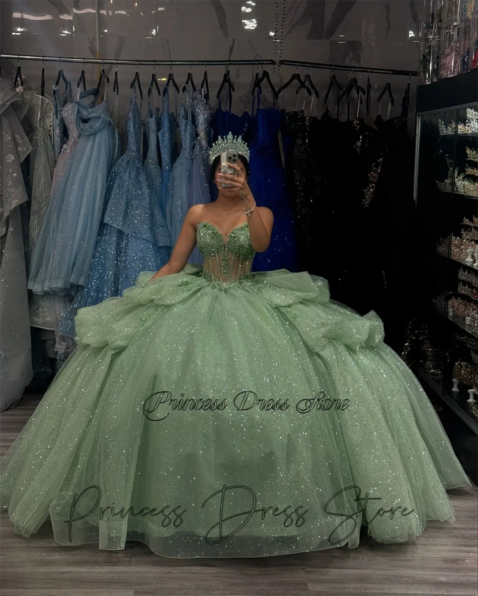 Quinceanera Dress Ball Gown 3D Floral Applique Beaded Bow Corset Sweet 16