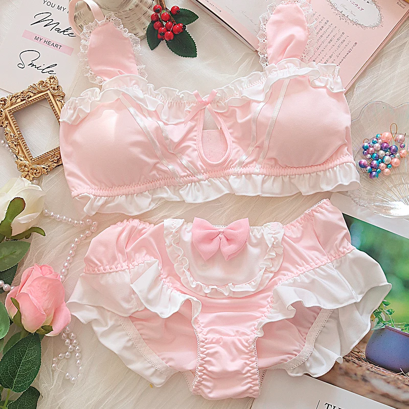 Japanese Sexy Bras and Panties Sets for Women White Black Pink Lingerie  Femme Cute Underwear Ruffles Bra Panty Garter Nightwear Q0705