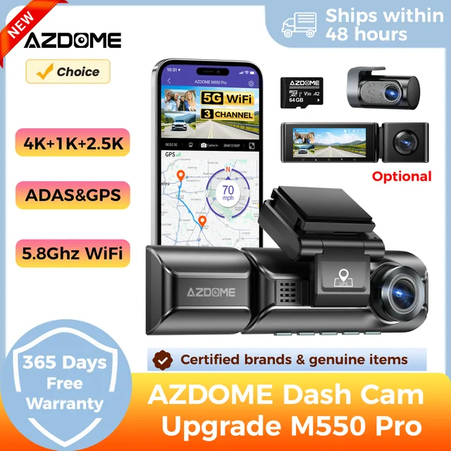 AZDOME M550 Pro 5.8Ghz WiFi 2/3 Channel Dash Cam 4K+2.5K Built-in GPS 3.19" IPS Screen Car DVR IR Night Vision 24H Parking Mode