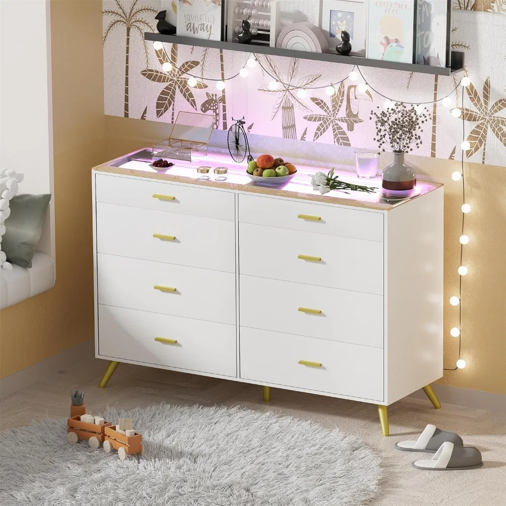 Dresser with LED Lights for Bedroom,8 Drawer Dressers with Tempered Glass Top,Chests of Drawers with 2 Grid Drawer,Living Room 4