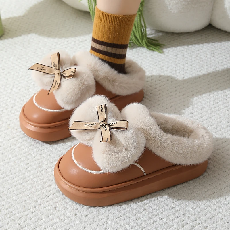 Korean Fluffy Bowknot Cotton Slippers Women 2025 Winter Indoor Non Slip Warm Fur Slippers Woman Comfortable Thick Soles Shoes