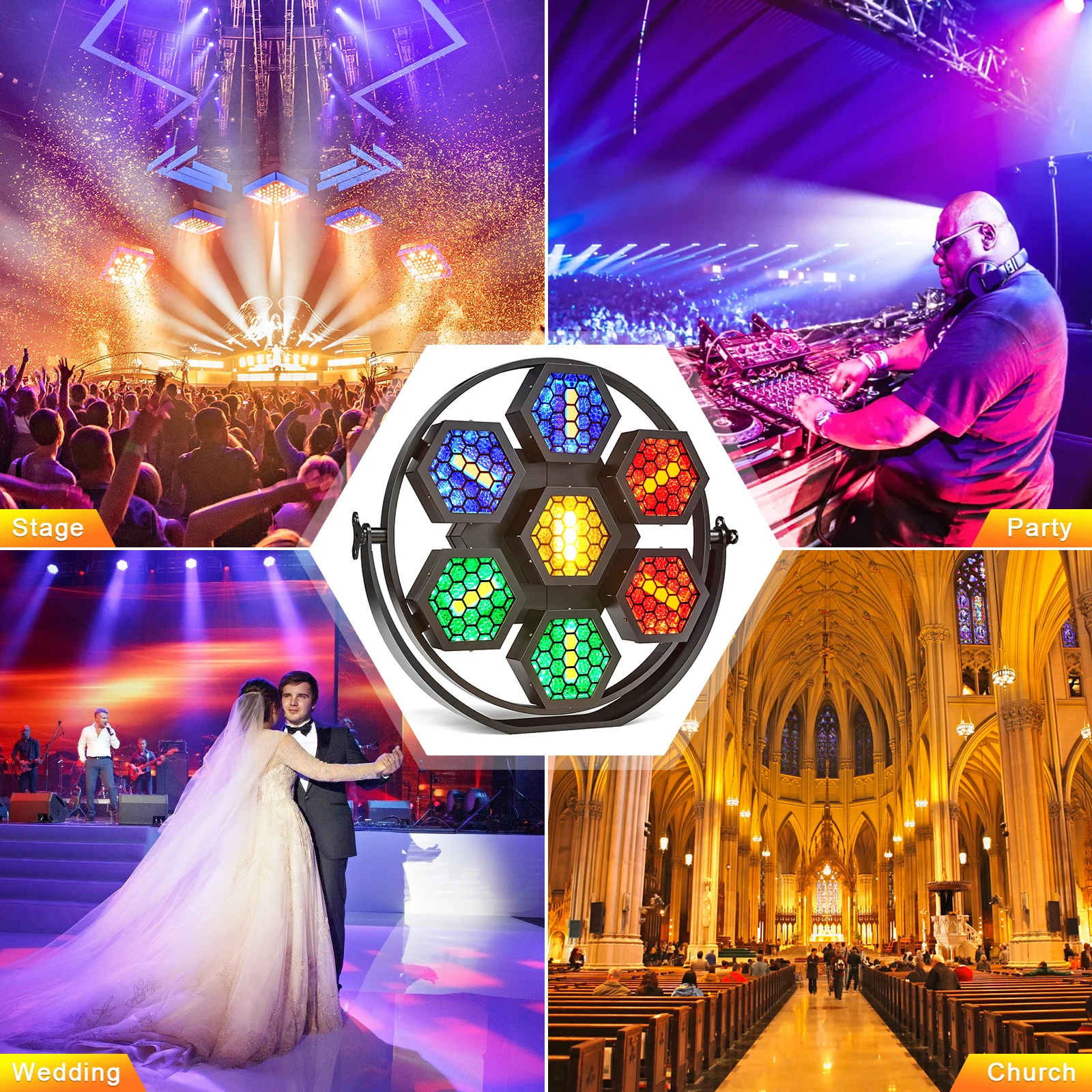 Yiflamefly 7x50W Retro Light RGBW COB LEDs Lighting High Brightness Uplight DMX512 Sound Activated for Church Concert Wedding 6