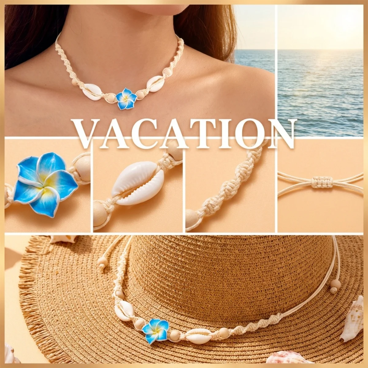 Weiche Ton-Blumenanhänger-Halskette mit Muschelimitat für Damen und Herren, Boho-Blumen-Strand-Halskette, zarte Schlüsselbeinkette, Sommer-Choker-Schmuck – Detail 5