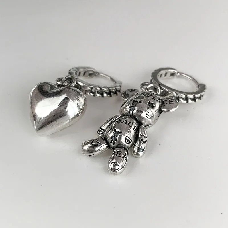Women Earrings Vintage Letter Little Bear Love Heart Asymmetric Hoop Earrings Korean Geometric Metal Earring