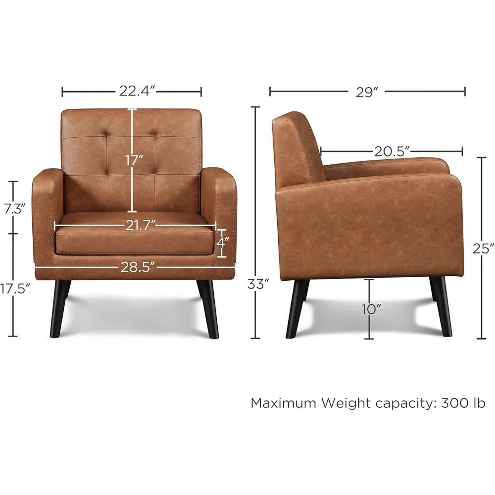 Mid-Century Accent Chairs, PU Leather Modern Upholstered Living Room Chair, Cozy Armchair Button Tufted Back and Wood Legs 3