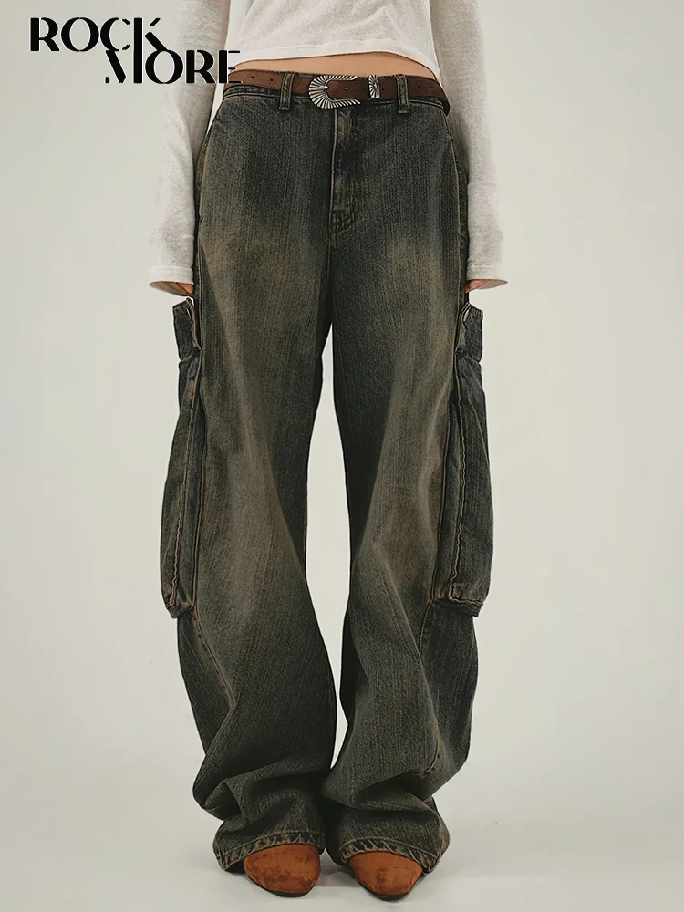 

Rockmore Vintage Cargo Jeans Streetwear Big Pocket Baggy Straight Pants Women Y2K Low Waist Wide Leg Denim Trousers 90s Vintage