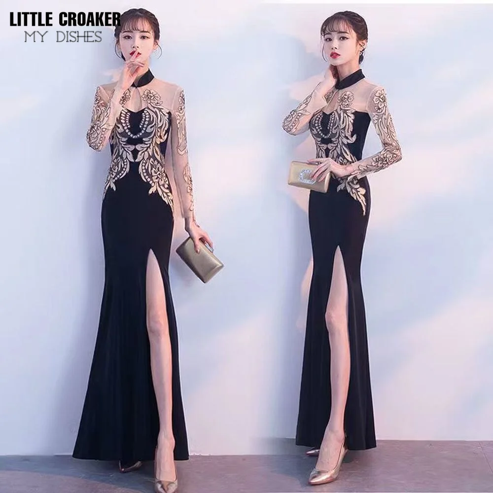 High Split Maxi Gown Women Sexy Qipao Embroidery Flower Lace Evening Party Dress Sleeveless Mermaid Dresses Oversize Cheongsam luxury ivory mermaid maternity robes for photo shoot tiered ruffles sleeveless pregnant women gowns sexy baby shower dresses