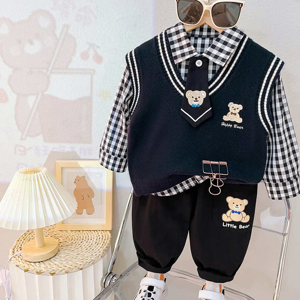 

2023 Autumn Baby Boys Clothing Sets Children Cartoon Bear Vest Plaid Shirt Pants Toddler Infant Clothes Outfits Kids Tracksuit