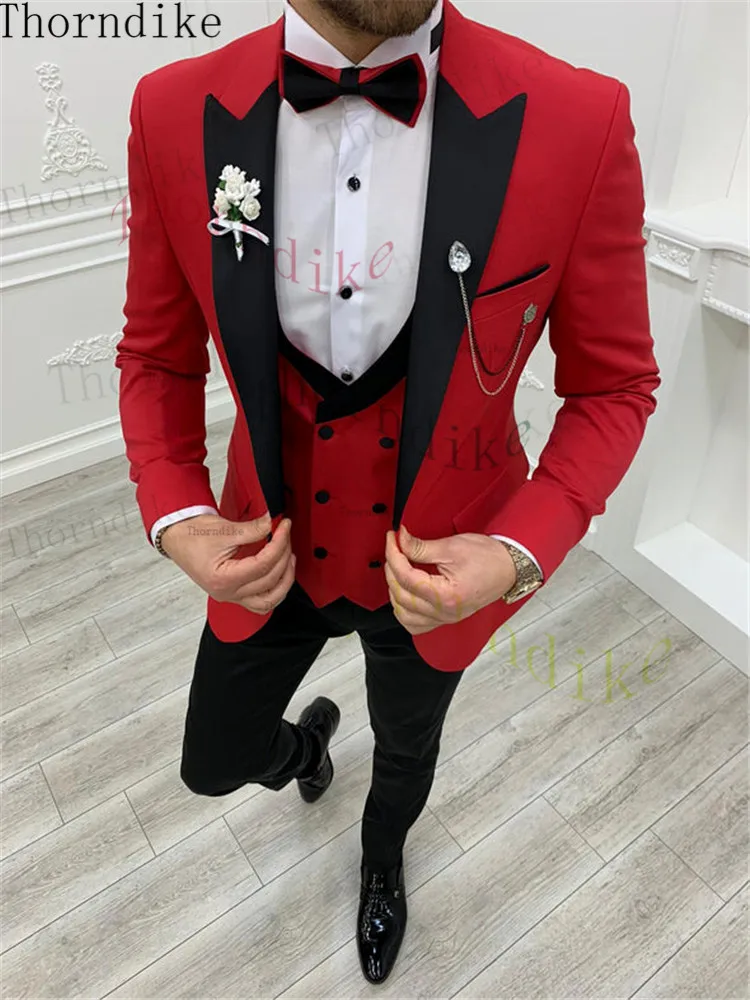 

Thorndike Red Wedding Tuxedo Groom Men Suits 3 Pieces Set Peaked Lapel Jacquard Blazer Masculino Slim Fit Business Prom
