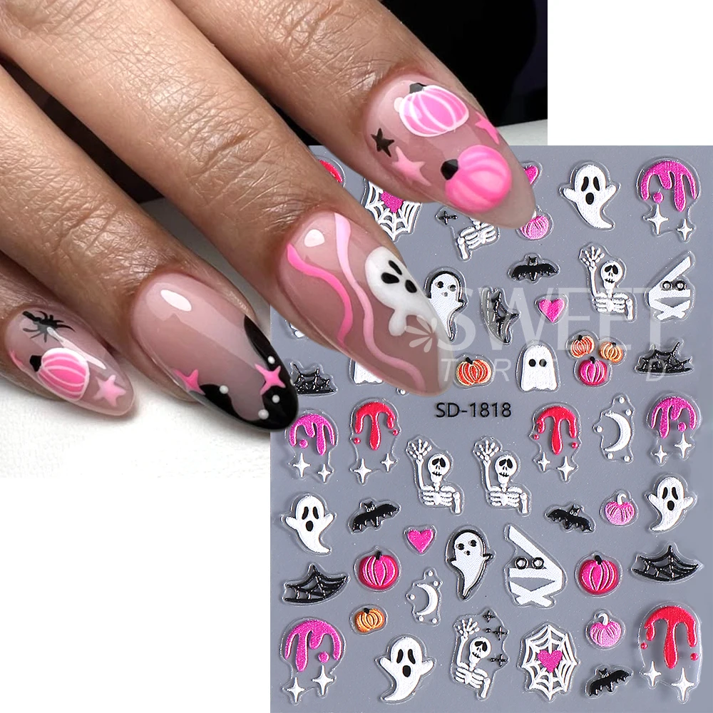 2/3pcs 5D Halloween Nail Stickers Heart Spider Webs Bat Skull Star Self-Adhesive Decal Sliders For Manicure Nails Supplies Decor