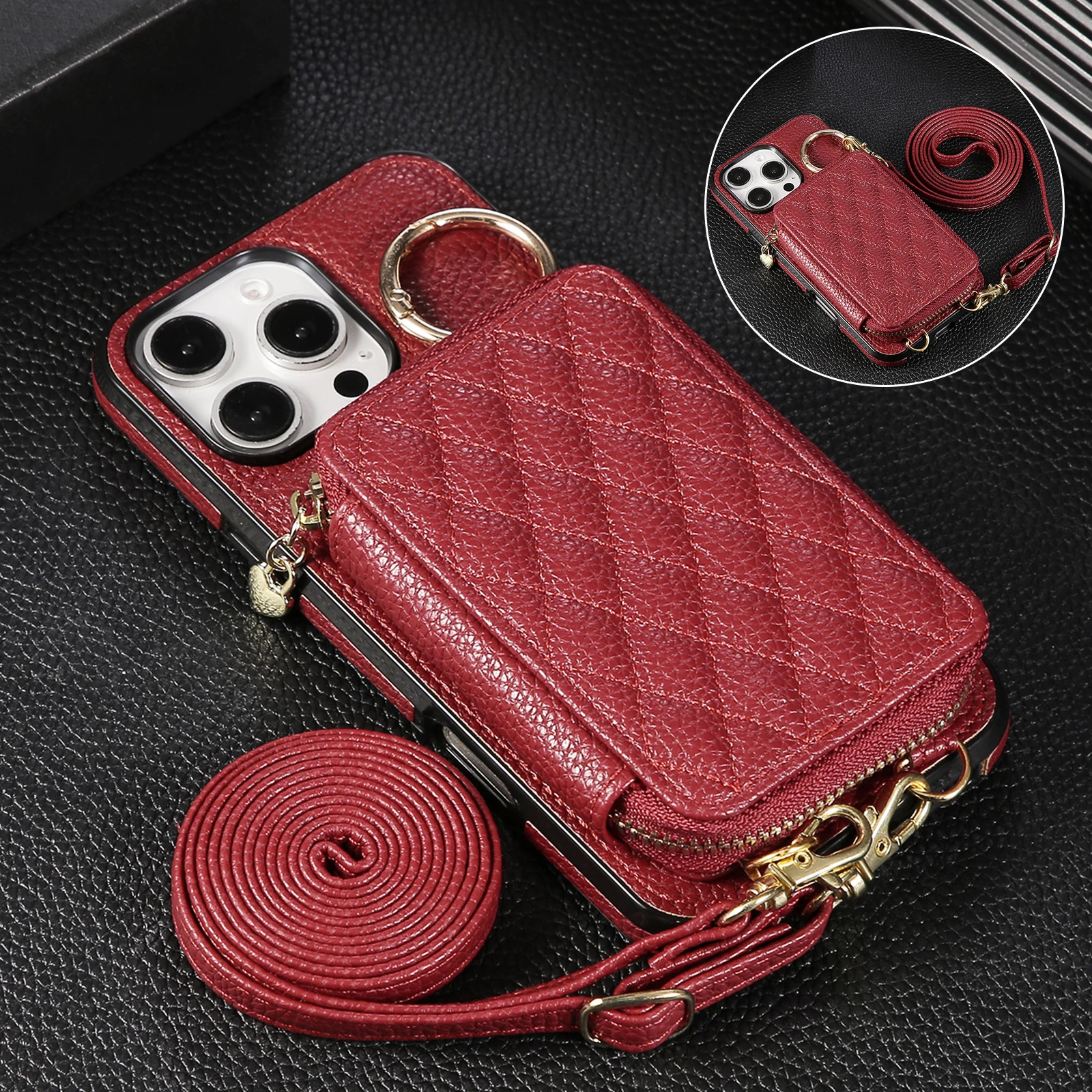 Leather Crossbody Zipper Card Wallet with Lanyard and Ring Holder