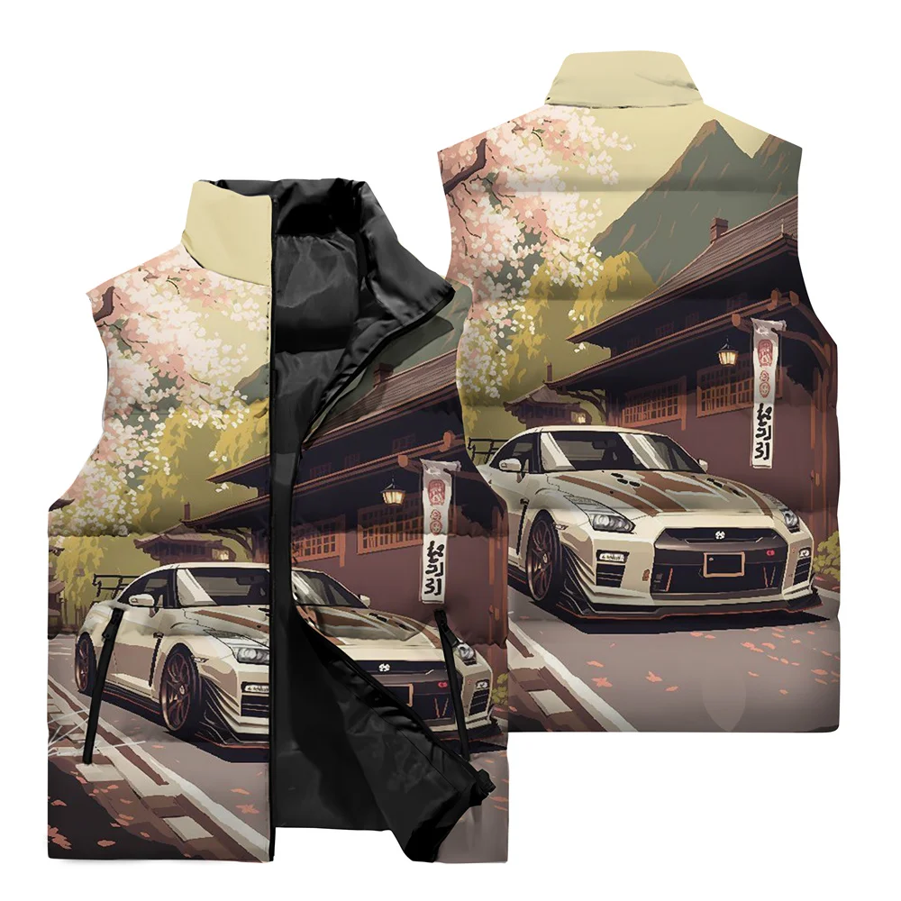 thumbnail image 1 of Chaleco cálido resistente al viento con cuello alto y cremallera con estampado de coche deportivo clásico en 3D para hombre, para viajes al aire libre en la calle, pelea de bolas de nieve, 1 of 4