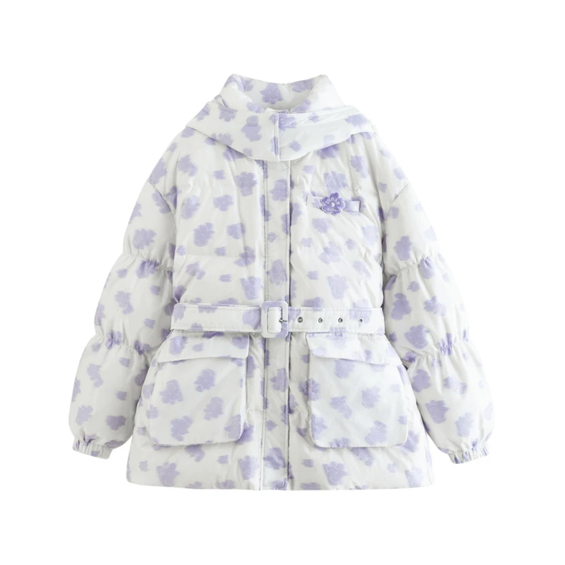INMAN Women Hooded Down Jacket Winter Long Sleeve Loose White Duck Down Coat Flower Jacquard Adjustable Waistband Chic Outwear