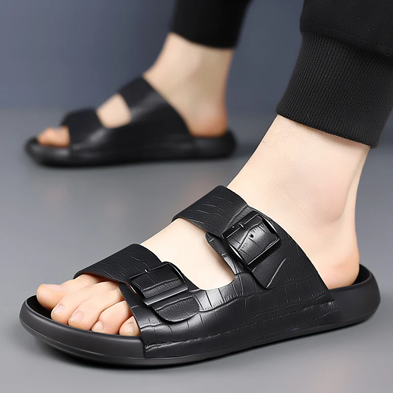 Fashionable Men's Leather Casual Shoes Handmade Soles Men's Slippers Versatile for Home Use Outdoor Anti Slip Beach Shoes