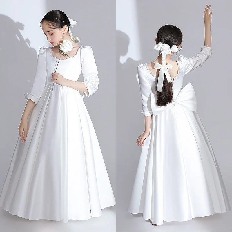 

Белое платье для причастия с бантом для девочек, элегантное платье для крестины, длинное платье для девочек-подростков, платье для церемонии, платья для маленьких девочек