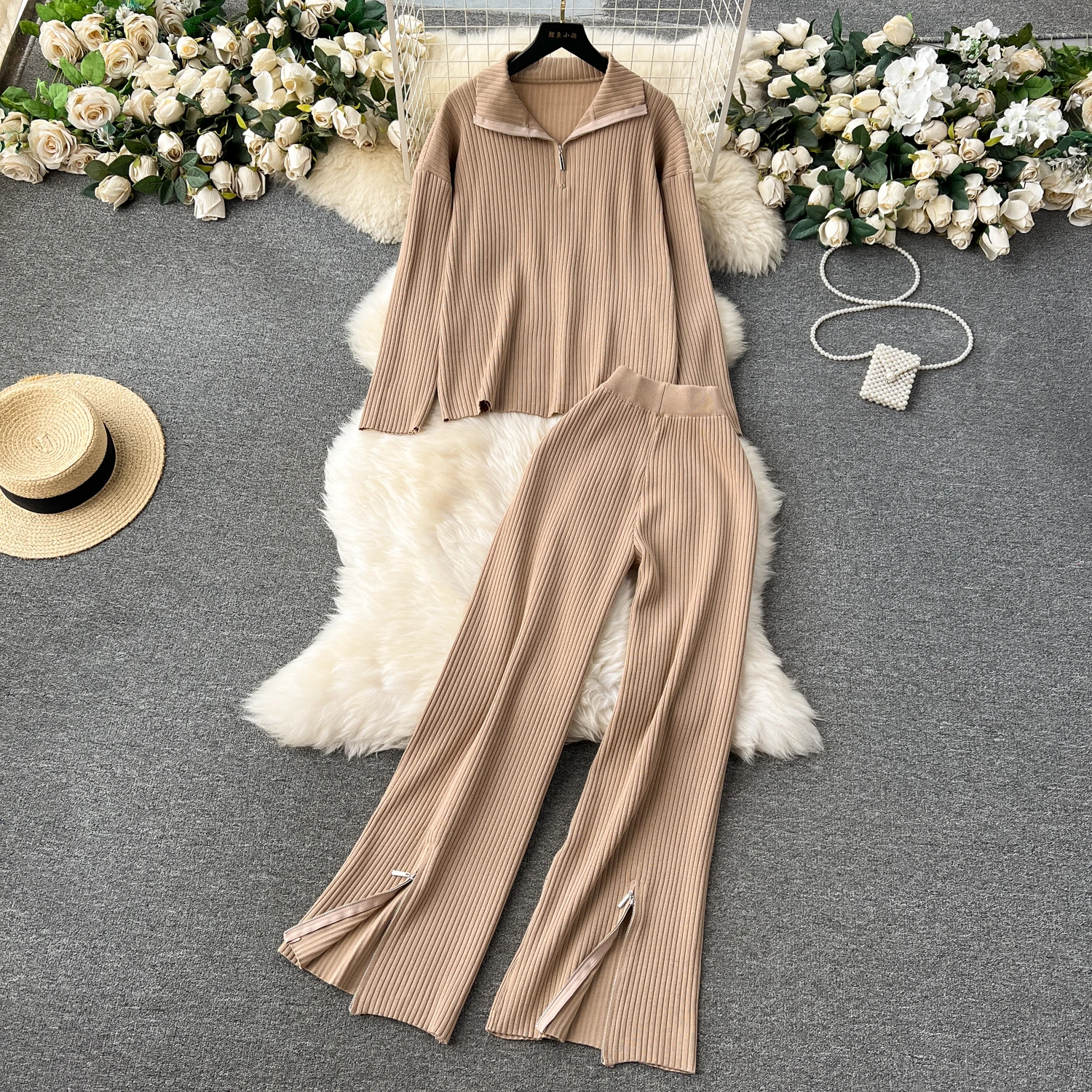 

Lapel sweater women's loose sweater top + high waist slit wide leg pants casual suit