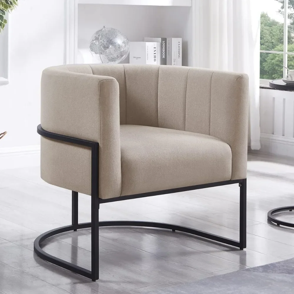 Upholstered Tufted Living Room Chairs Textured Linen Fabric Accent Chairs with Metal Stand, Dining Chair