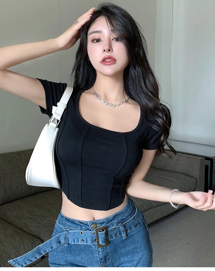 2026 Sommer Neuer Koreanischer Stil Damen T-Shirt Quadratischer Ausschnitt Fischgrätenmuster Slim Fit Kurzarm Crop Top Trendiges Vielseitiges Oberteil – Detail 5