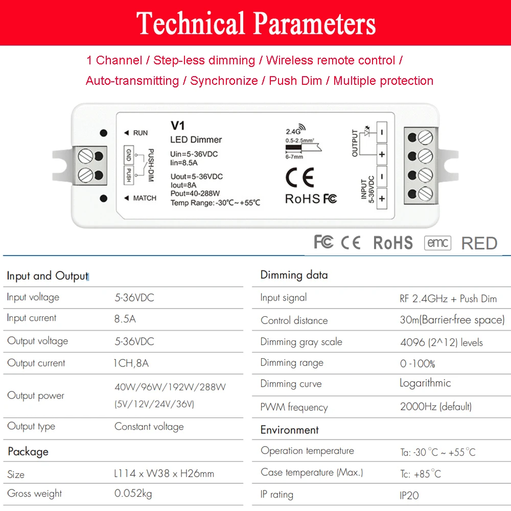 V1 LED 조광기, 단일 색상 LED 스트립 조광 키트, 무선 2.4G RF 리모컨 터치 스위치 조광기, 1 CH, 5V, 12V, 24V, 36V, 4 존