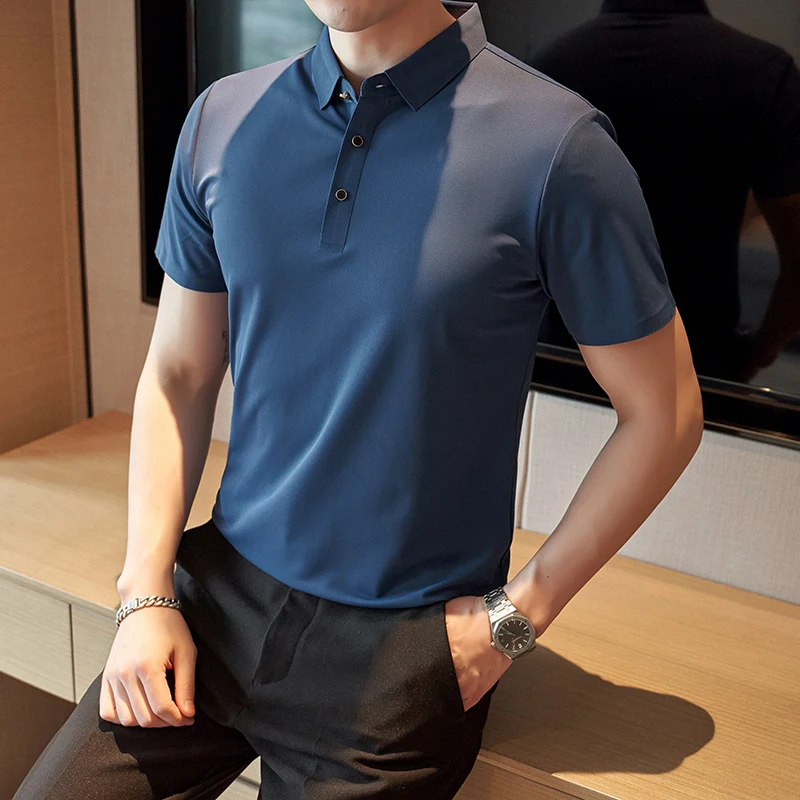 

Мужская однотонная приталенная рубашка-поло, Повседневная бесшовная рубашка-поло из ледяного шелка, с коротким рукавом, лето 2023